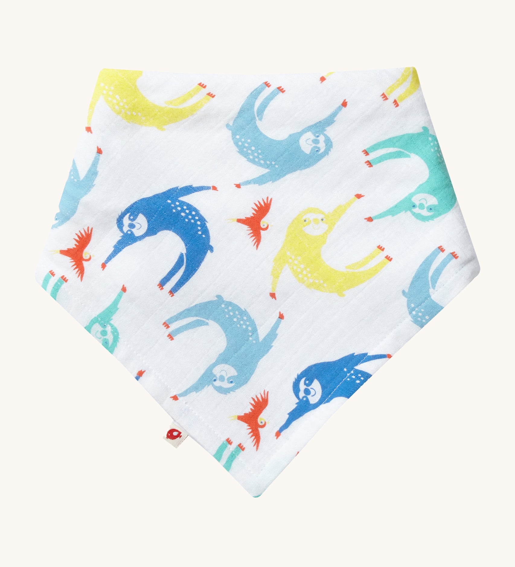 Piccalilly Sloth Muslin Bandana & Burp Cloth with colourful sloth and orange parrot print