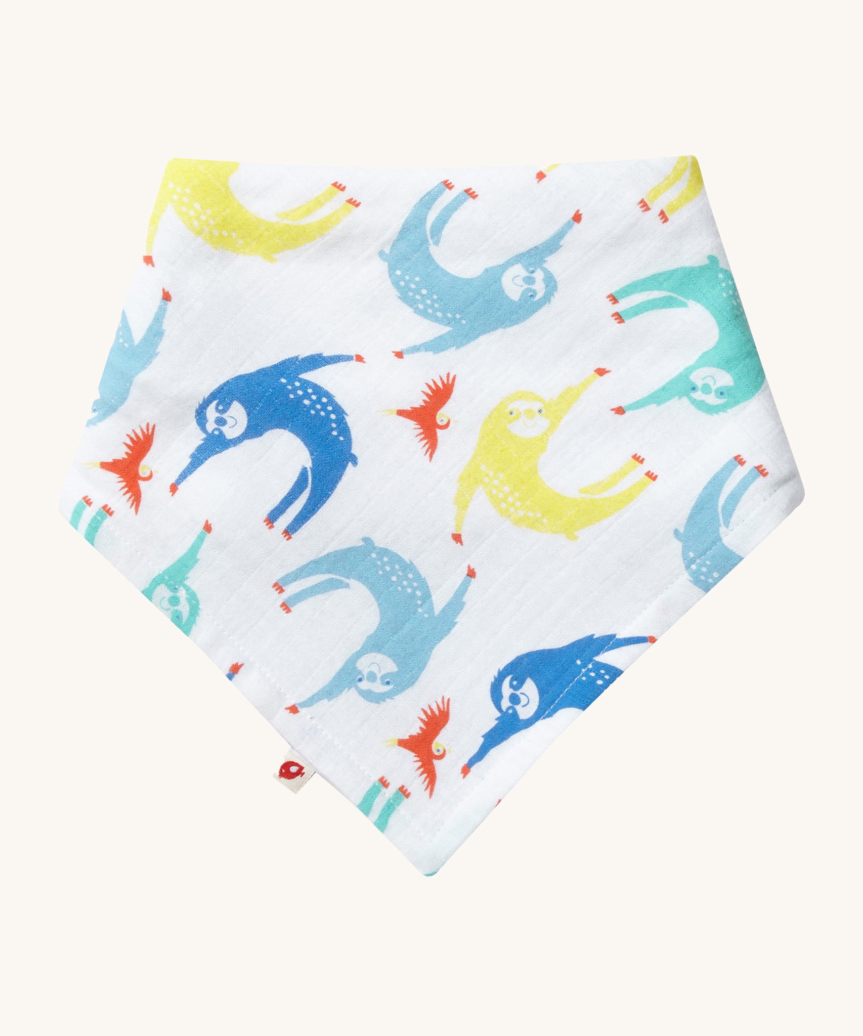 Piccalilly Sloth Muslin Bandana & Burp Cloth with colourful sloth and orange parrot print