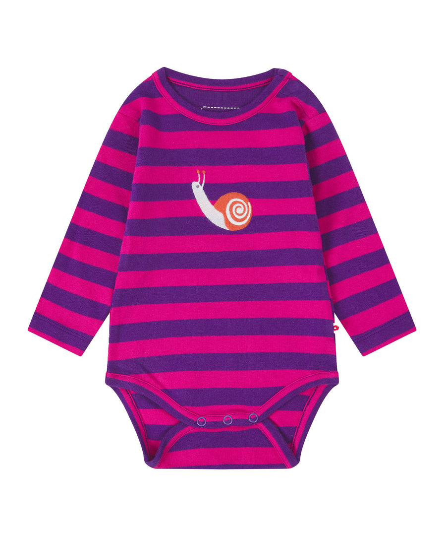 A long sleeve pink and purple stripe body suit, with a snail applique on the front