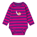 A long sleeve pink and purple stripe body suit, with a snail applique on the front