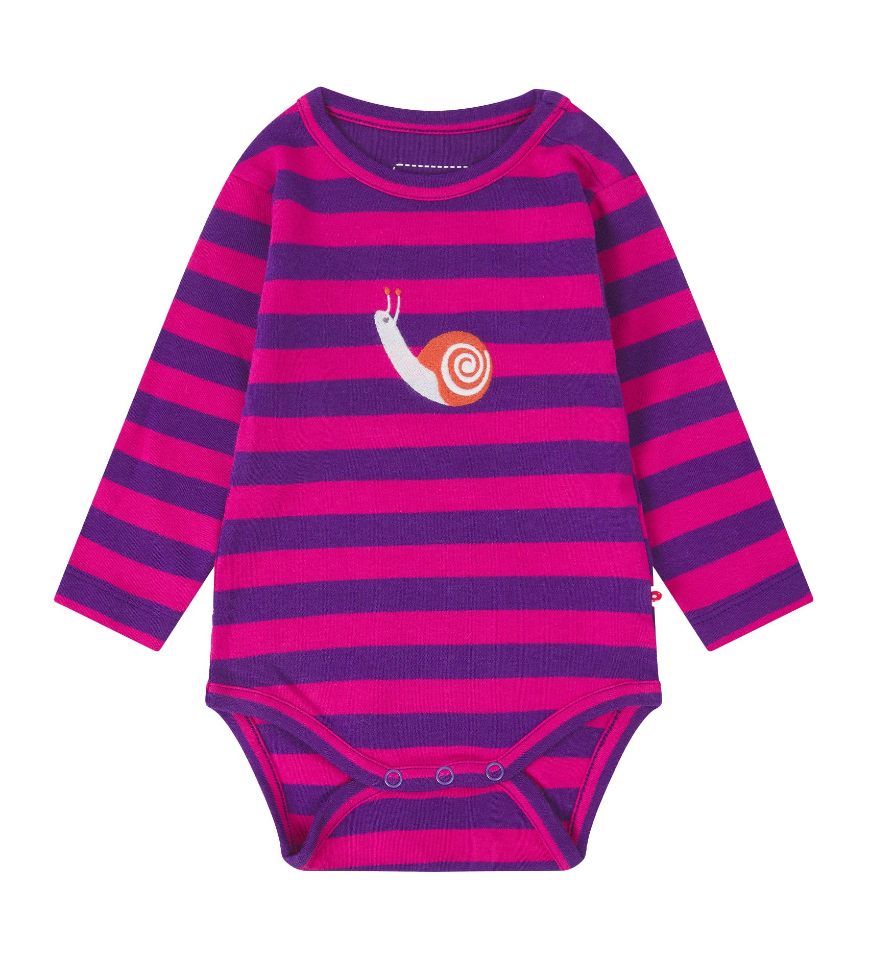 A long sleeve pink and purple stripe body suit, with a snail applique on the front