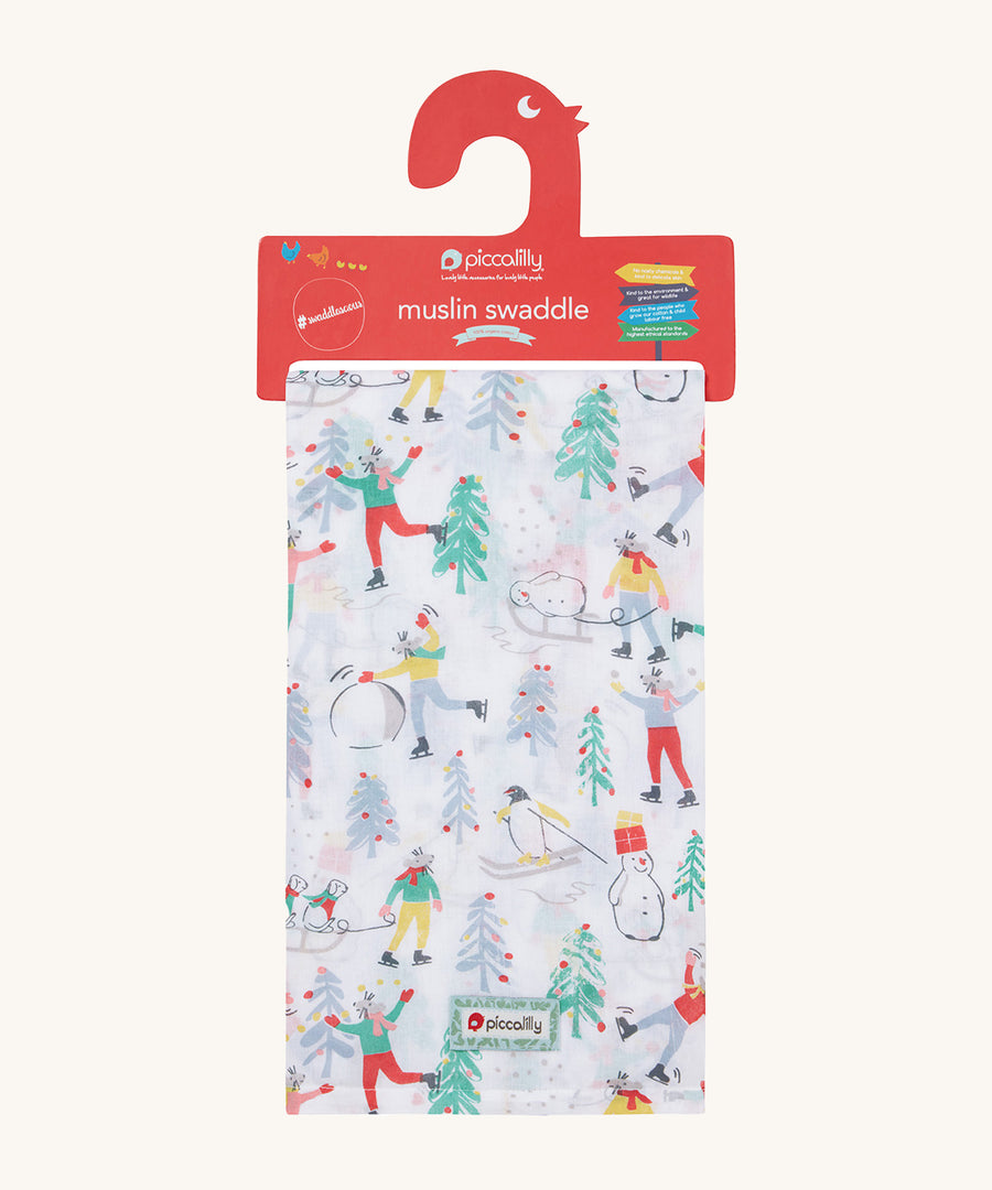 Piccalilly Winter Wonderland Baby Muslin Swaddle, with a fun Christmas Time print