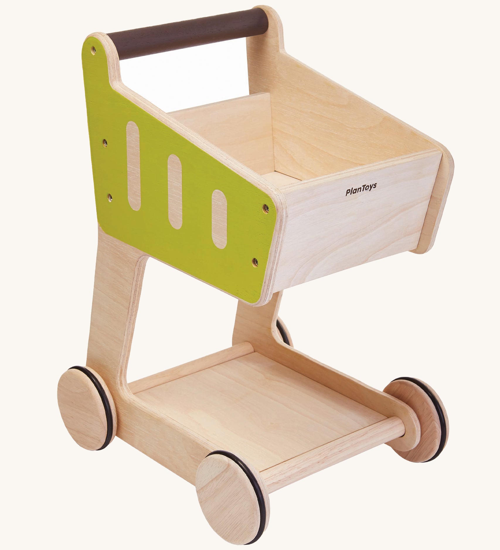 PlanToys Shopping Trolley is a fun, wooden kid size trolley with green sides and a brown handle. This trollwy is fun for storing play food and can also e used in shopping role play.  The image is on a cream background