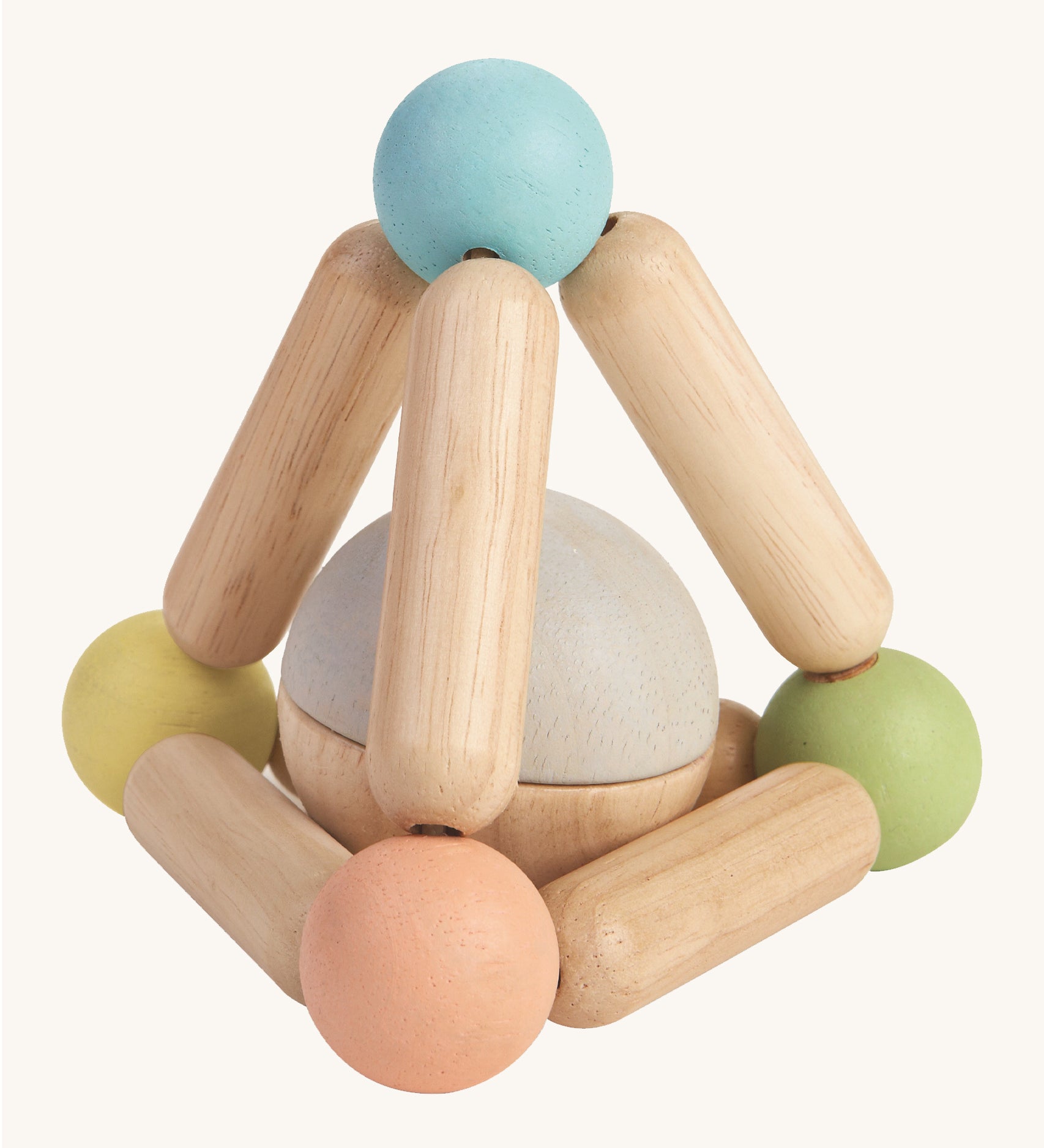 The PlanToys Pastel Triangle Clutching Toy, is a fun and interactive toy for babies and little ones. This sensory toy from PlanToys is made up of a flexible pyramid made up from wooden lengths and painted beads in the colour blue, peach, green and yellow, with a chunky ball inside, which can be removed to be played with separately. The image is on a cream background