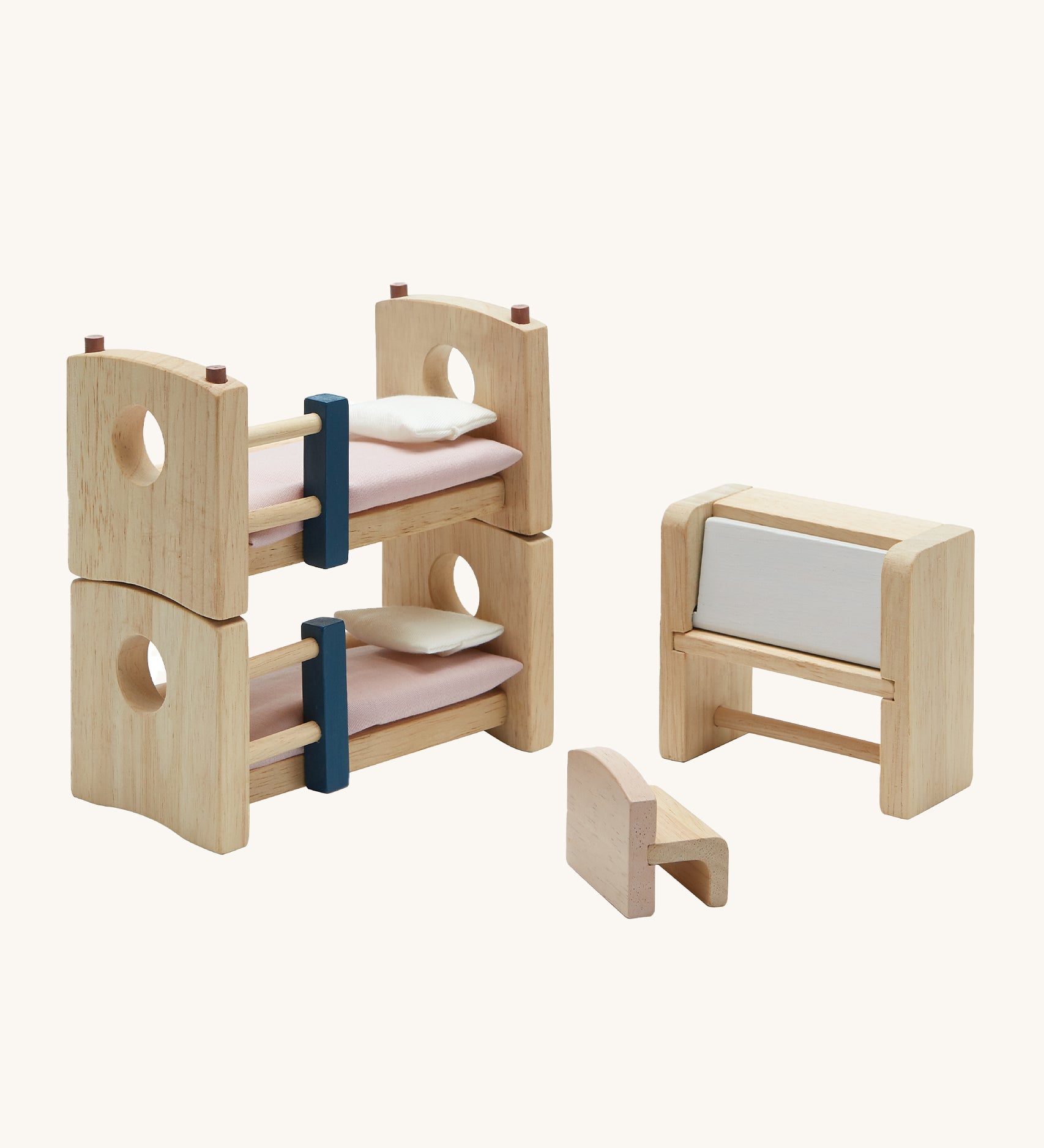 PlanToys Children's Room Dolls House Furniture come with a bunk bead, a chair and a fold out desk. On a cream background