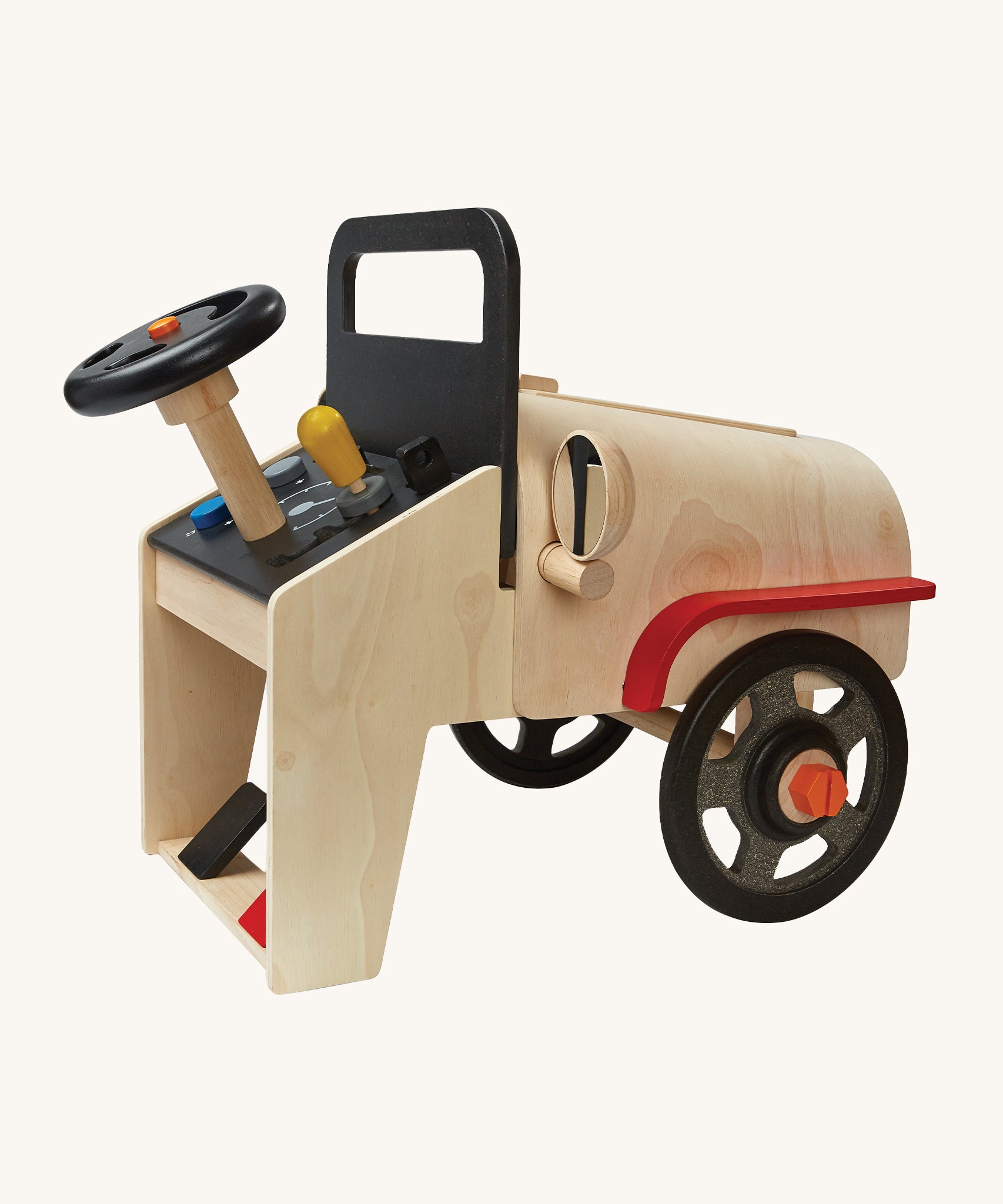 A side view of the PlanToys Motor Mechanic, showing the wheels which are removable for an interactive and imaginative play time, on a cream background