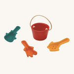 The PlanToys Sand Play Set Educational Toy includes a red bucket, and three textured scoops for sensory play