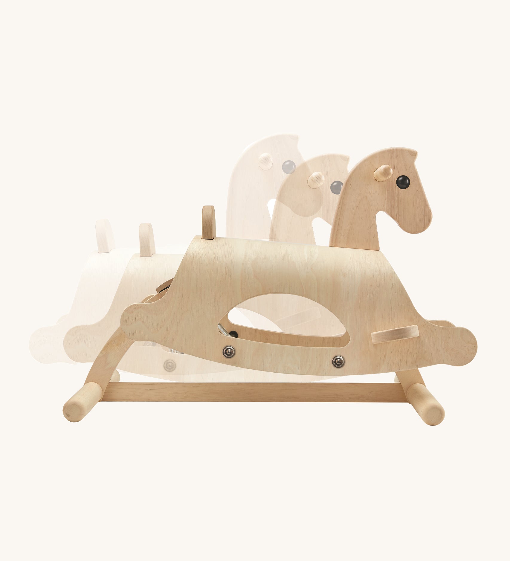 The PlanToys Lusitano Rocking Horse image showing the way the horse rocks back and forth, on a cream background