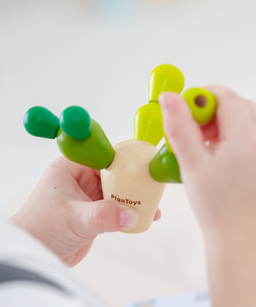 A child placing the green cactus pegs into the natural wooden cactus block to see if the pieces balance or topple over. The child is holding the toy in their hands