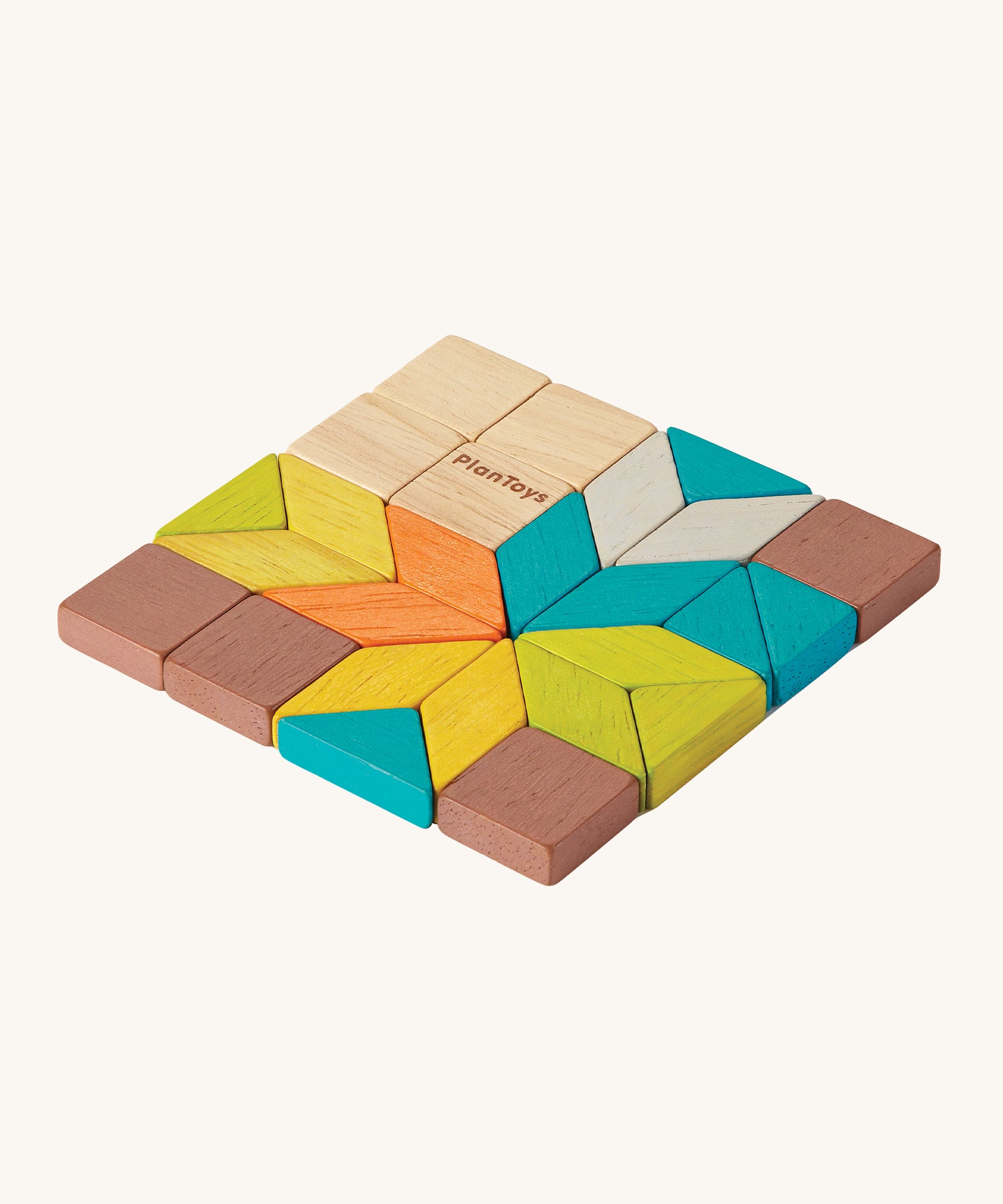 PlanToys Mini Mosaic Blocks in different shapes, sizes and colours, on a cream background. The mosaic tiles are in natural wood, blue, orange, green, yellow, brown and grey. The tiles are in the shapes of squares, triangles and rhombus