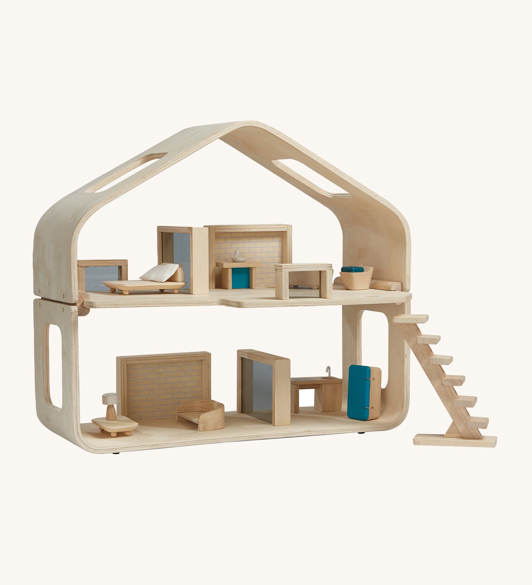 Plan Toys Contemporary Dolls House on a cream background. The image shows the inside of the dolls house with PlanToys doll house furniture