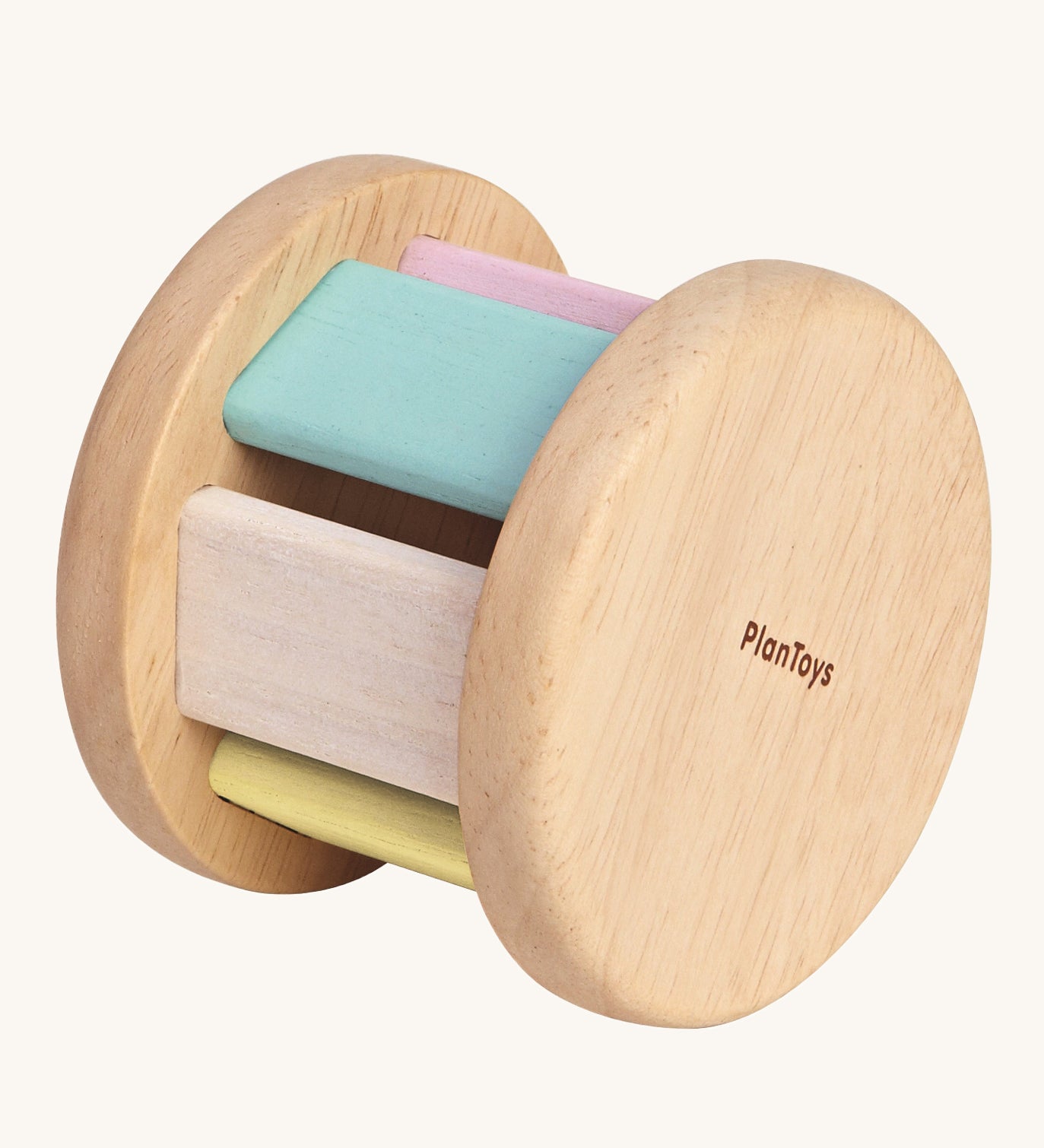 The PlanToys Pastel Roller, is a fun push and pull roller toy for babies and little ones. The roller comes with two natural wooden sides, with pastel coloured slats. The image is on a cream background