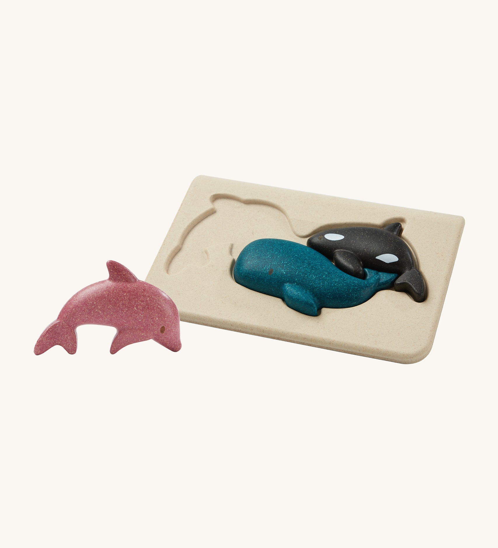 PlanToys Sea Life Wooden Puzzle includes a a dolphin, killer whale and blue whale, to be used in the puzzle or individually.