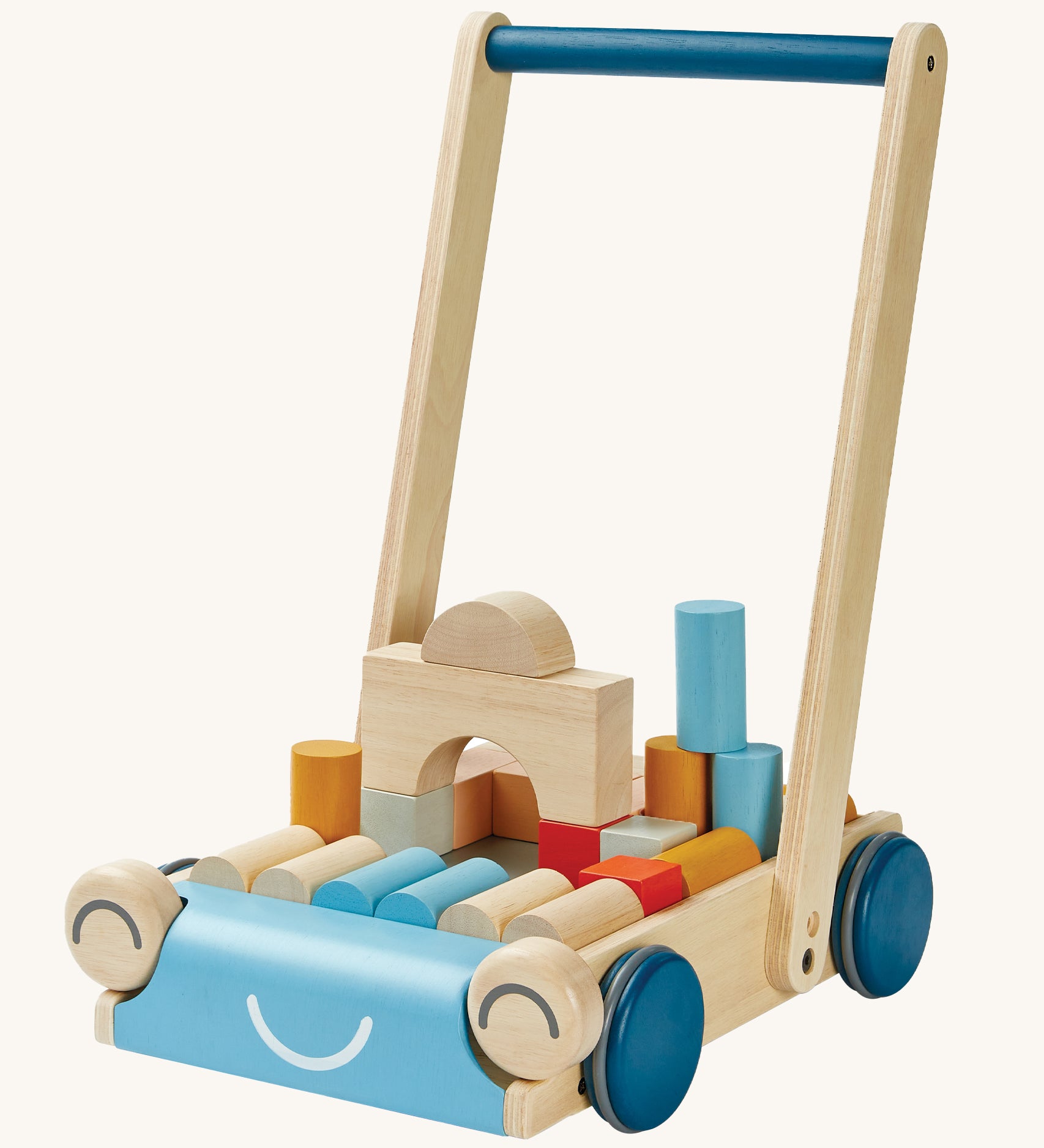 Plan toys eco-friendly wooden baby walker in the orchard colour, is a fun 2 in 1 toy with a blue and natural wood walker, and also comes with colour and natural wooden blocks. The image is on a cream background