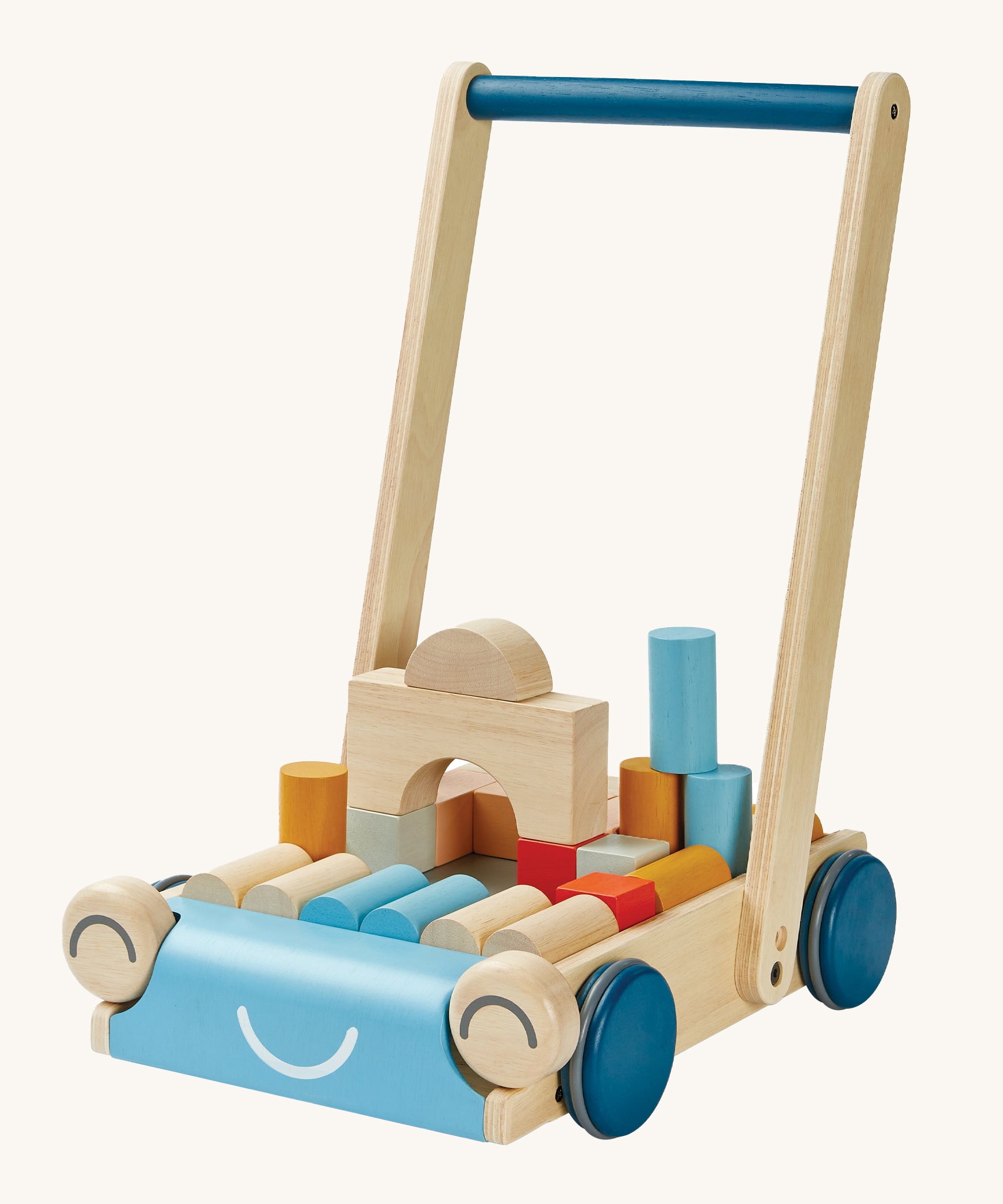 Plan toys eco-friendly wooden baby walker in the orchard colour, is a fun 2 in 1 toy with a blue and natural wood walker, and also comes with colour and natural wooden blocks. The image is on a cream background