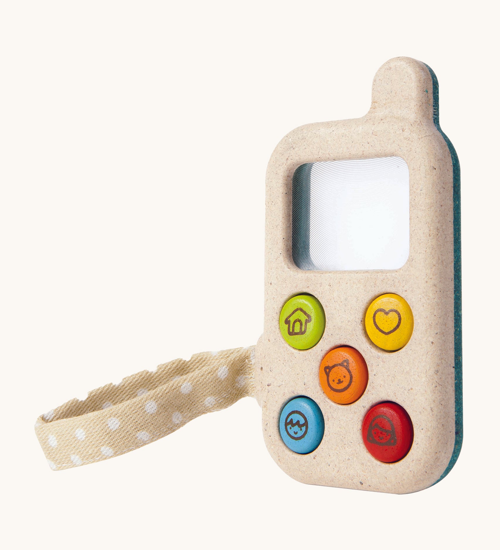 PlanToys My First Phone is a fun and interactive, sensory toy for babies and toddlers. The phone comes with 5 colourful buttons on the front, each with a cute illustration. There is also a magnifying glass square above the buttons so little ones can explore their wold in more detail. The image is on a cream background