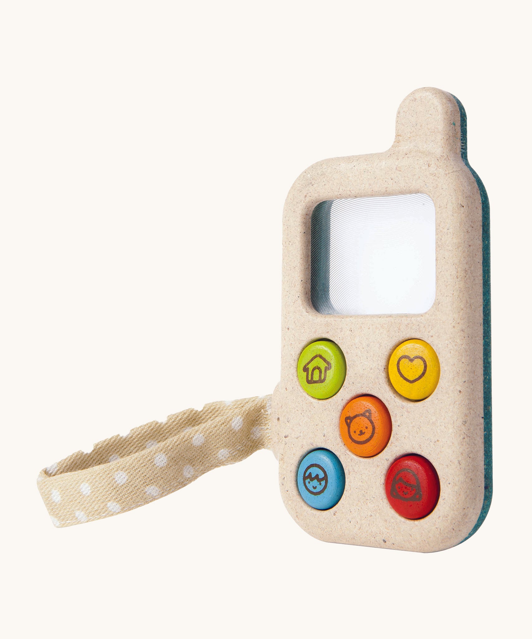 PlanToys My First Phone is a fun and interactive, sensory toy for babies and toddlers. The phone comes with 5 colourful buttons on the front, each with a cute illustration. There is also a magnifying glass square above the buttons so little ones can explore their wold in more detail. The image is on a cream background