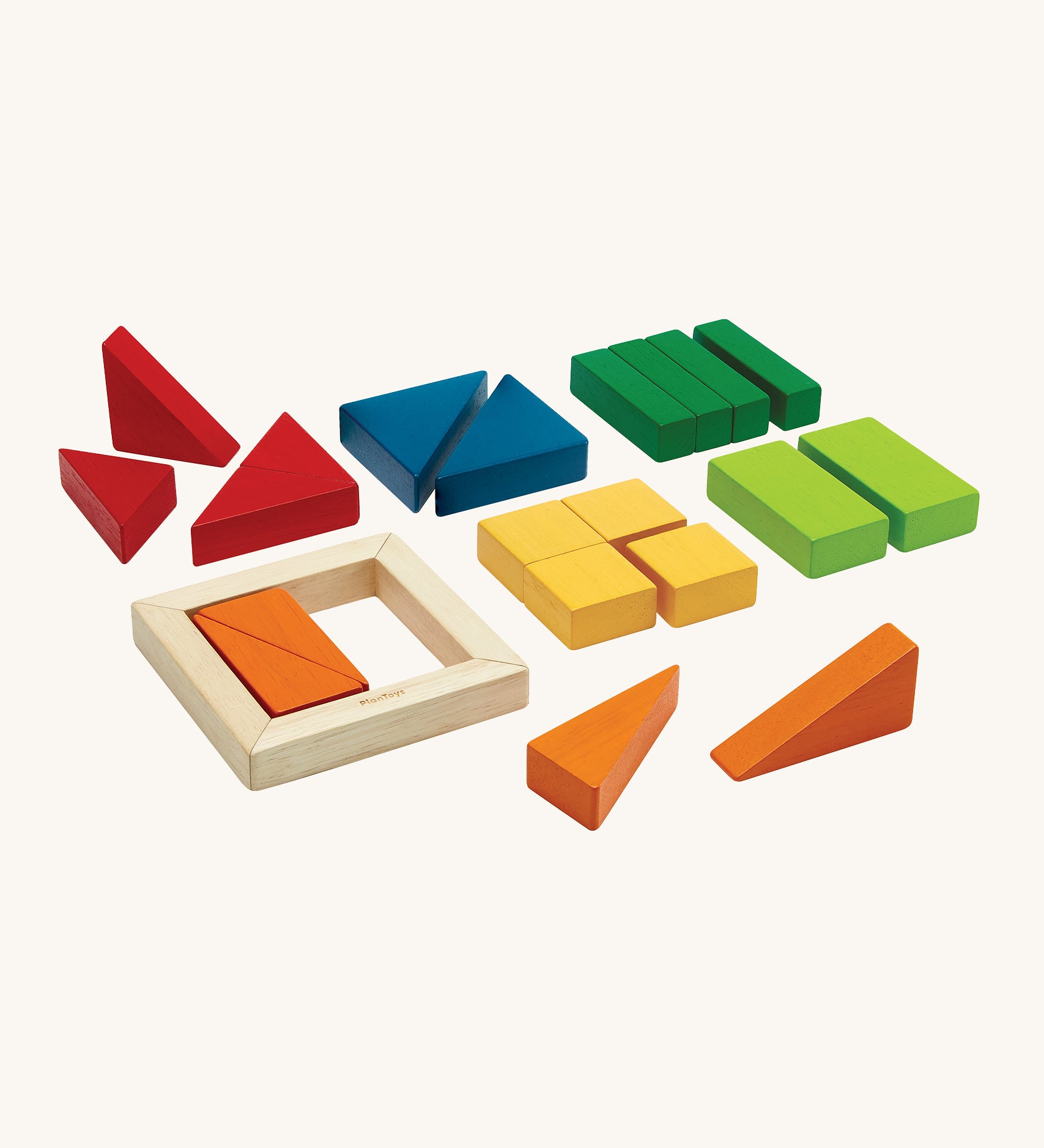 PlanToys children's wooden fraction blocks maths learning set laid out on a cream background. The block colours are red, blue, dark green, light green, yellow, and orange