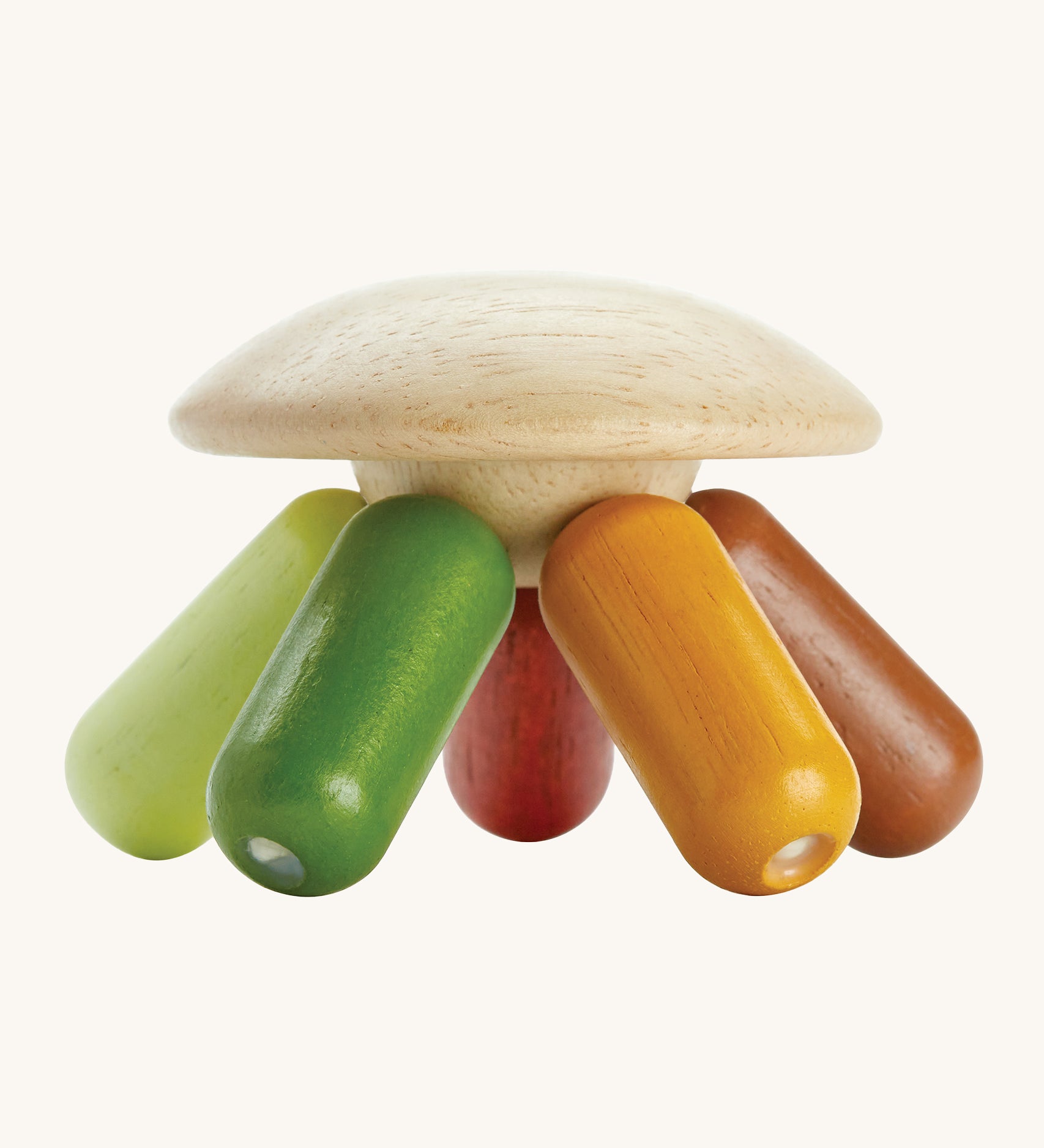 PlanToys plastic-free wooden flexi jellyfish shaped baby sensory and rattle toy in the modern rustic colours of, greens, yellows and browns, on a cream background