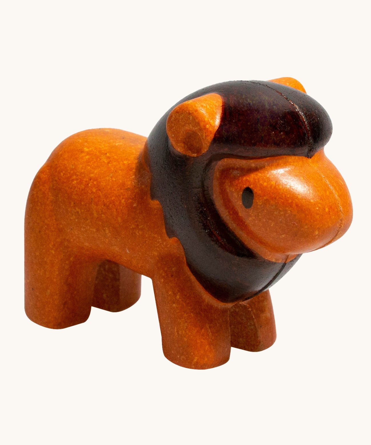 The PlanToys Lion is an adorable wild animal toy for little ones. Made from PlanWood, this lion is orange with a dark brown mane and eyes, and is on a cream background