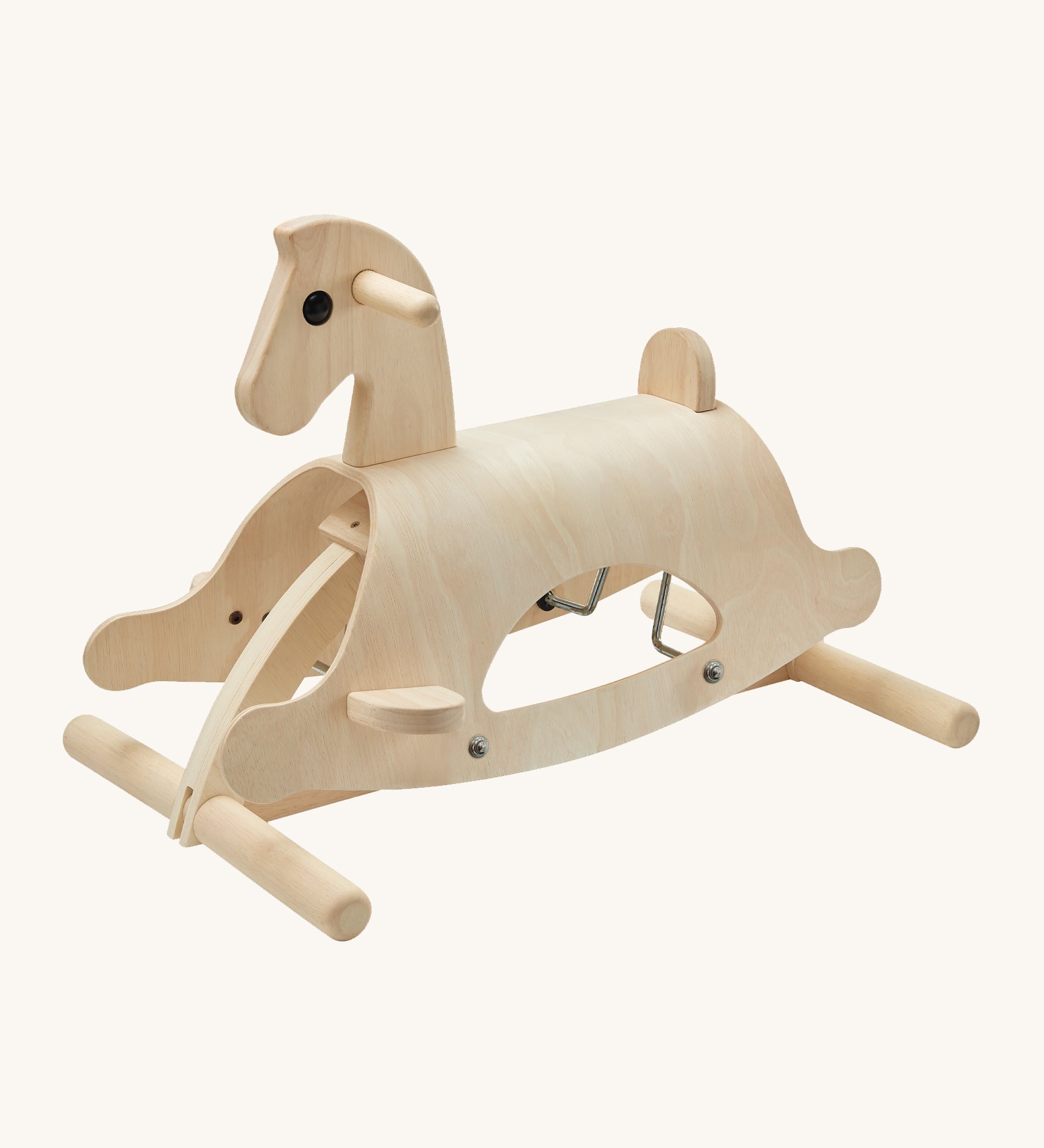 PlanToys Lusitano Rocking Horse, is a beautiful, child's rocking horse. Made from wood, and is of heirloom quality. The rocking horse comes with feet peg bases, hand grips and a small back support. The image is on a cream background