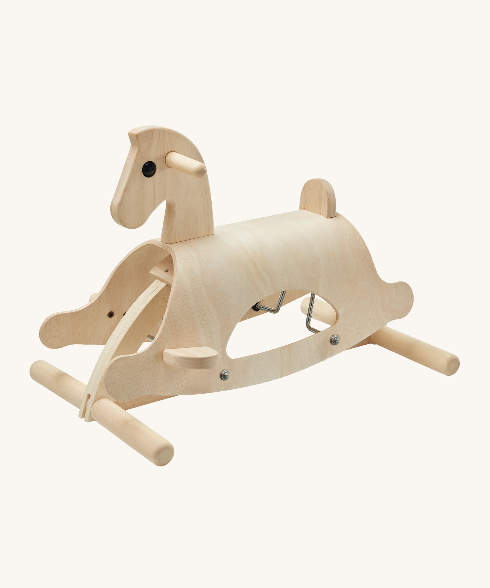 PlanToys Lusitano Rocking Horse, is a beautiful, child's rocking horse. Made from wood, and is of heirloom quality. The rocking horse comes with feet peg bases, hand grips and a small back support. The image is on a cream background