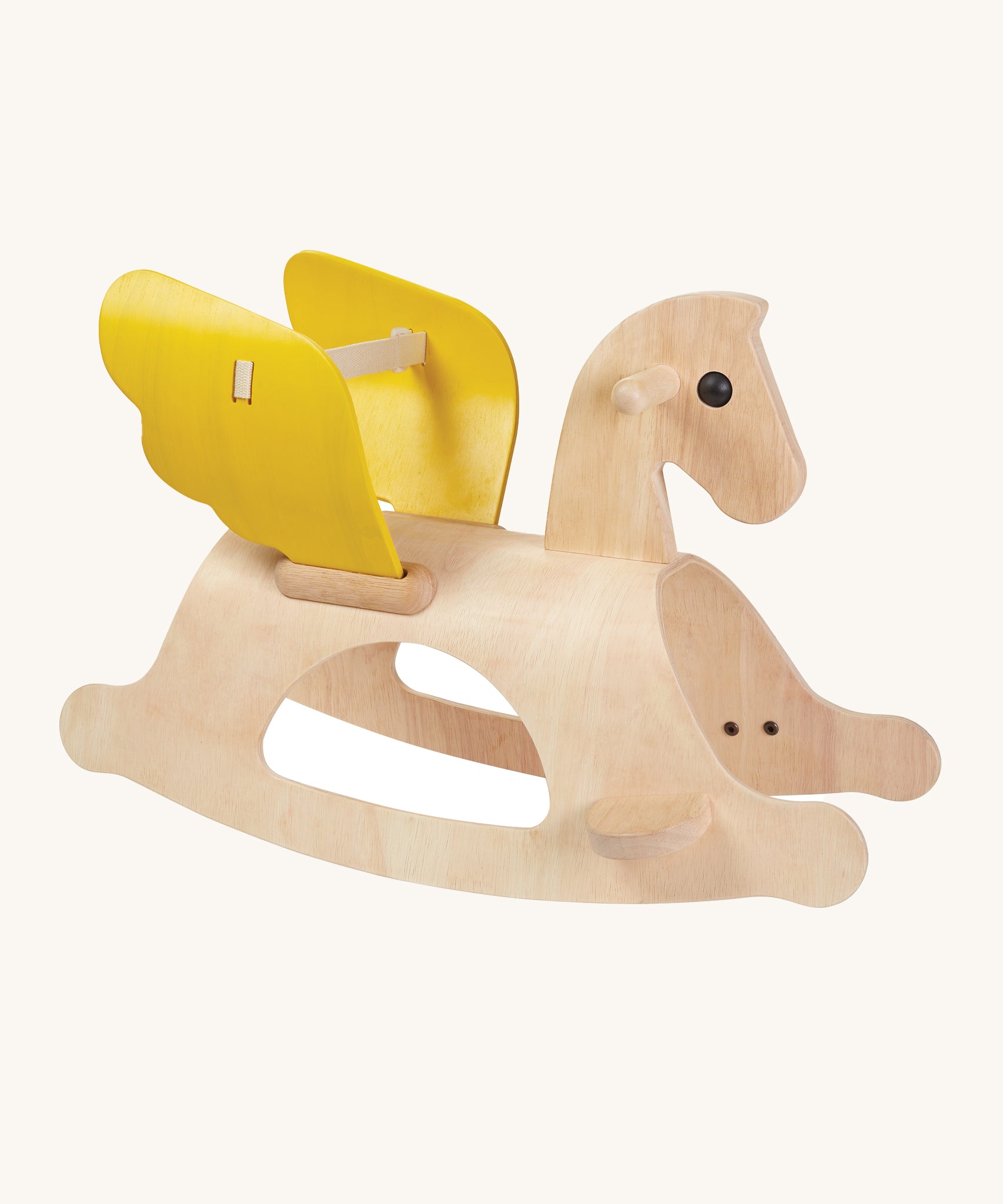 The PlanToys Rocking Pegasus, is a beautiful first rocking horse made from wood with the natural wood grain showing through, yellow wings and a back support between both wings. The image is on a cream background