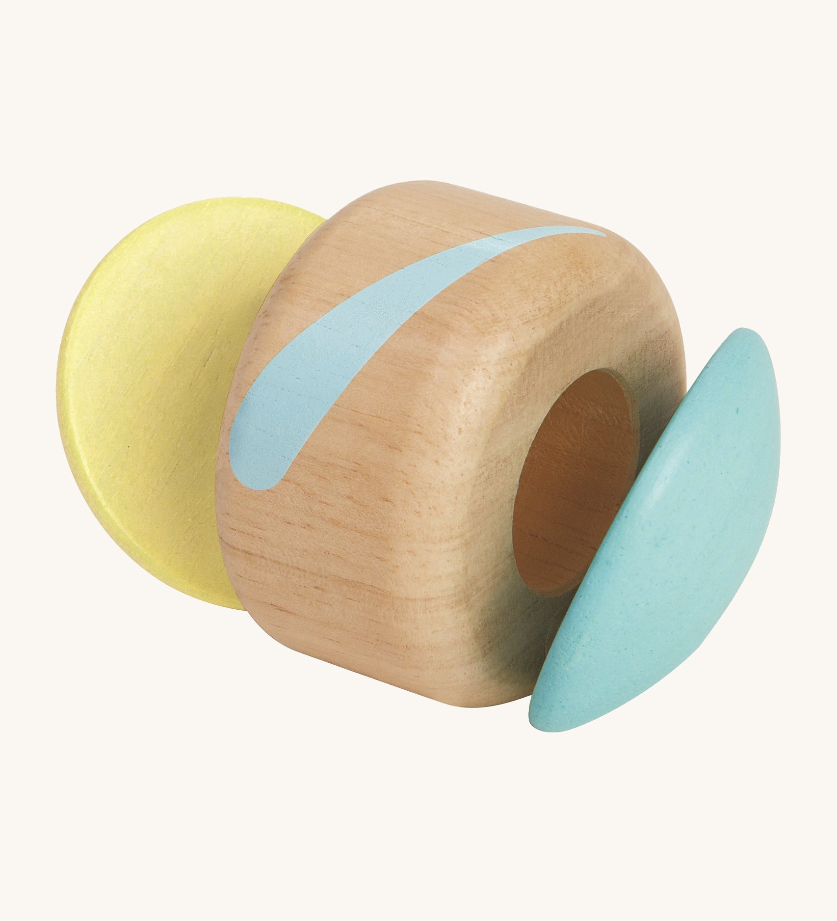 The PlanToys plastic-free, wooden clapping roller toy is a fun, sensory toy for babies and little ones. The clapper sides are in a soft blue and soft yellow colour, and the middle is natural wood with a light blue stripe. The image is on a cream background.