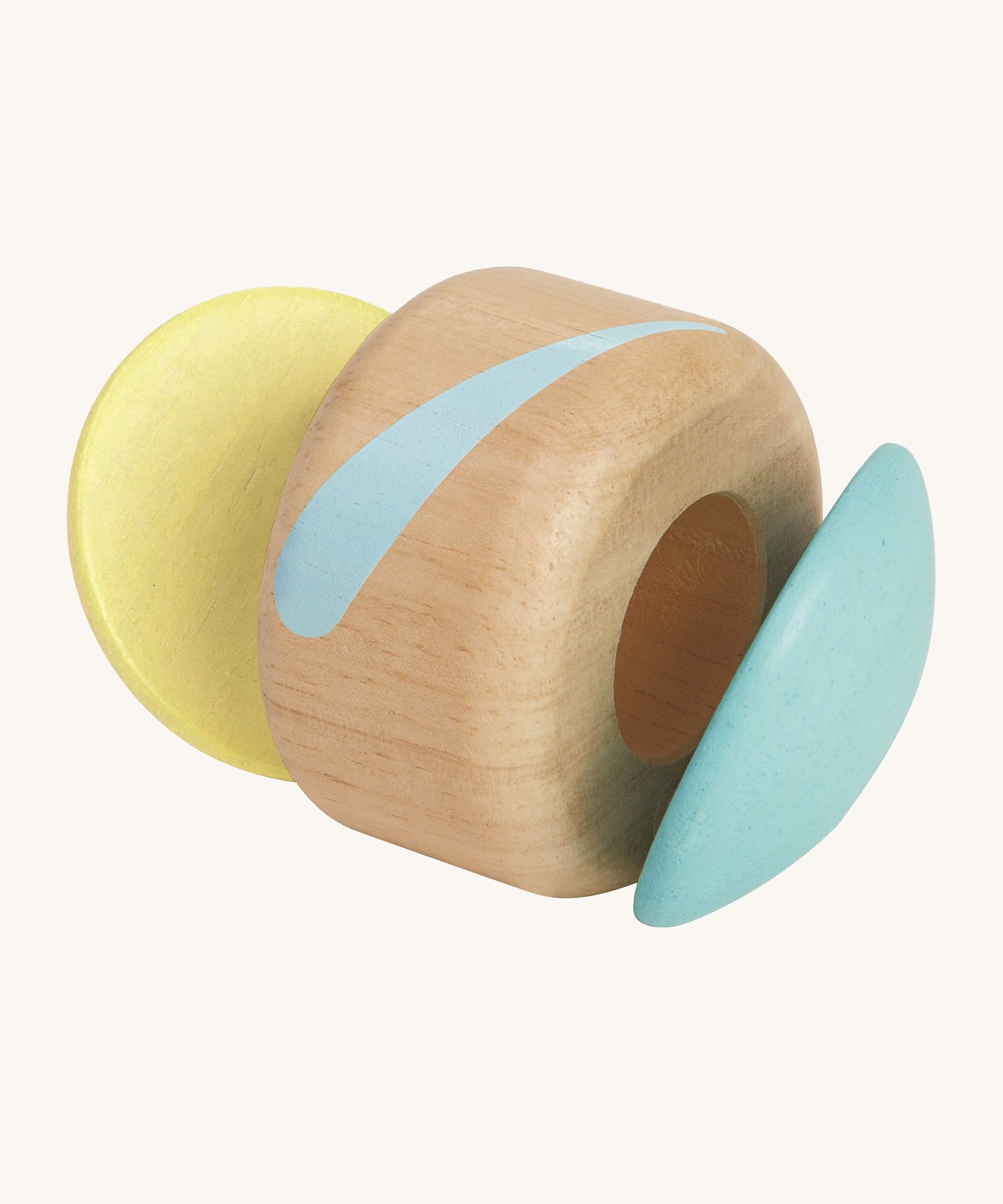 The PlanToys plastic-free, wooden clapping roller toy is a fun, sensory toy for babies and little ones. The clapper sides are in a soft blue and soft yellow colour, and the middle is natural wood with a light blue stripe. The image is on a cream background.