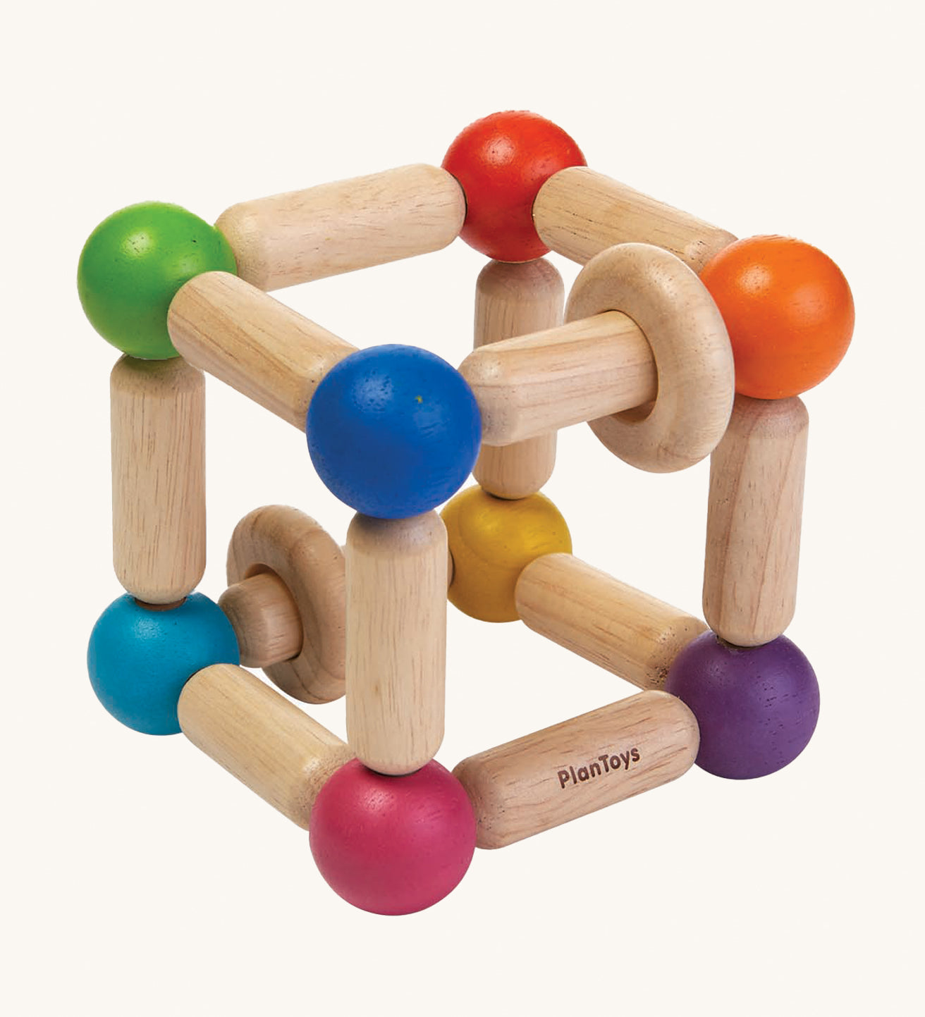 The PlanToys Wooden Square Clutching Toy, is a fun and interactive toy for babies and little ones. This sensory toy from PlanToys is made up of a flexible cube made up from wooden lengths and painted beads in rainbow colours, and two wooden rings that move on the lengths. The image is on a cream background