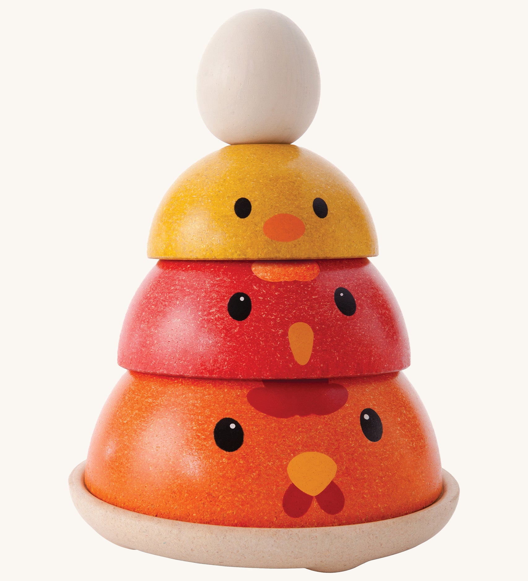 The PlanToys Chicken Nesting toy is a fun, cute and colourful stacking toy for little ones. The set comes with 3 stacking bowls with an adorable chicken face on the front, and an egg to be balanced on top. The chicken bowls are orange, red and yellow.