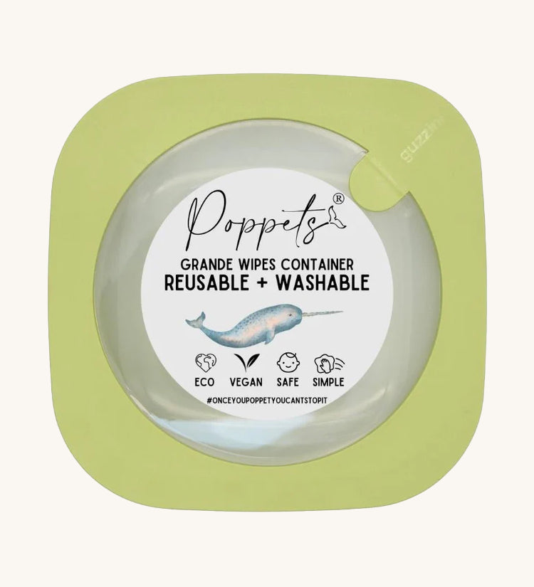 Poppets Grande Reusable Baby Wipes Container in Pea Green. The container is in a square shape on a cream background