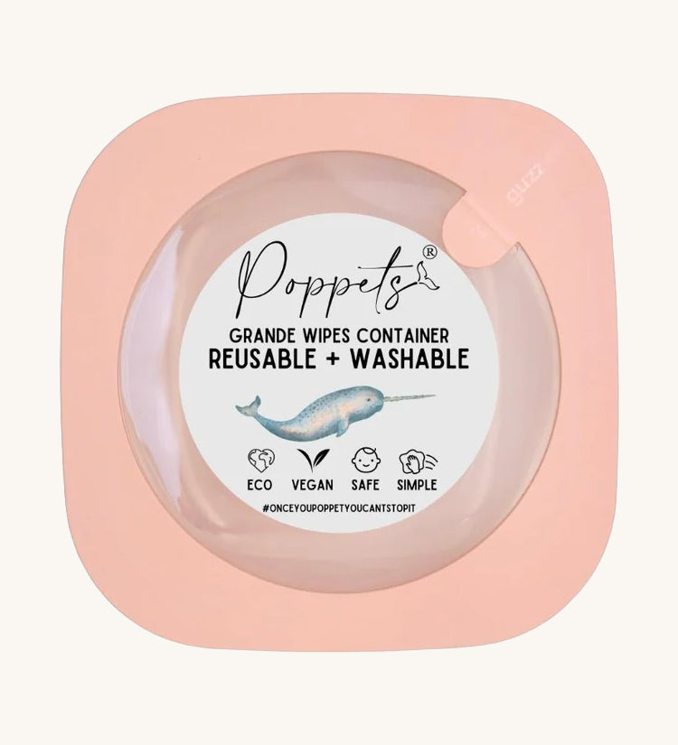 Poppets Grande Reusable Baby Wipes Container in Peach. The container is in a square shape on a cream background