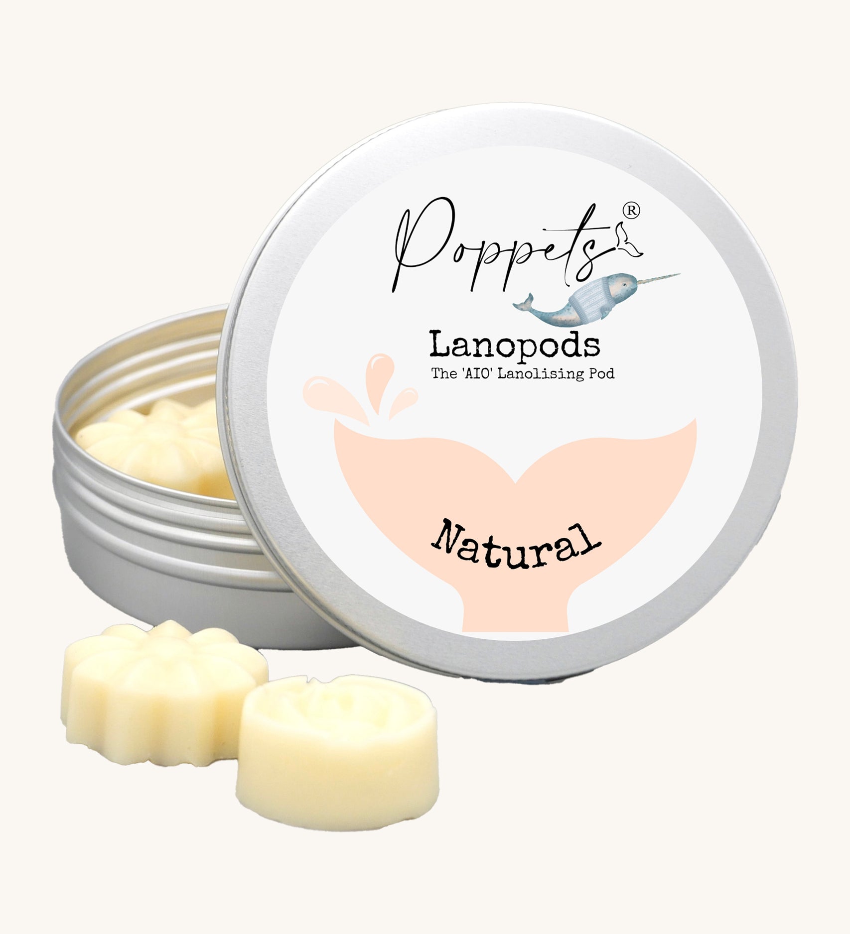 Poppets Wool Care Lanopods - Natural, cream coloured melt pods in an aluminium tin