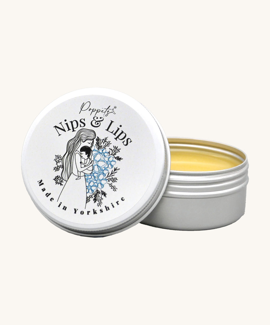 Poppets Nips & Lips Nipple Balm - 40ml, open aluminium tin with balm