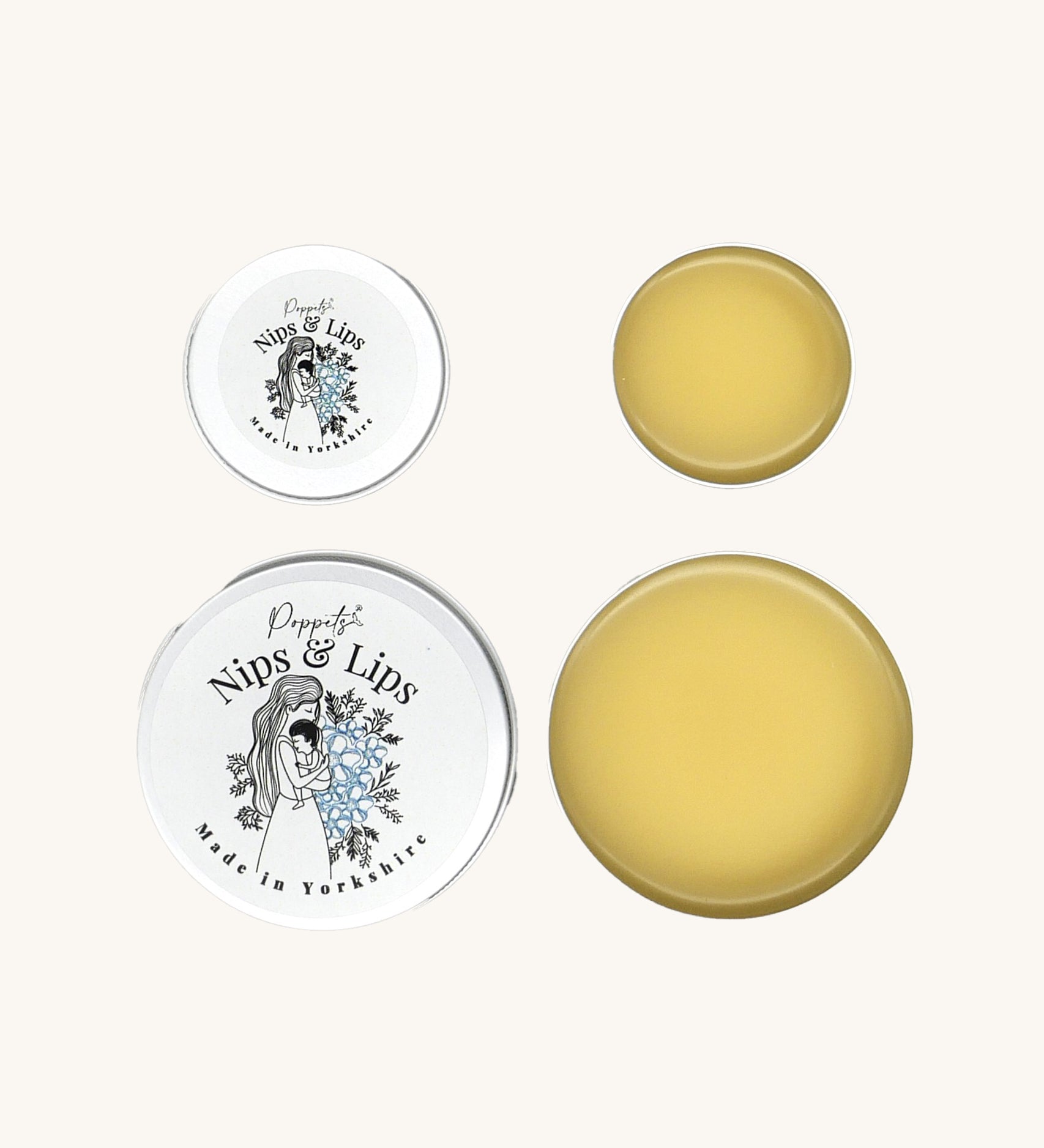 Poppets Nips & Lips Nipple Balm - 10ml and 40ml, open aluminium tins with balm, size comparison. 