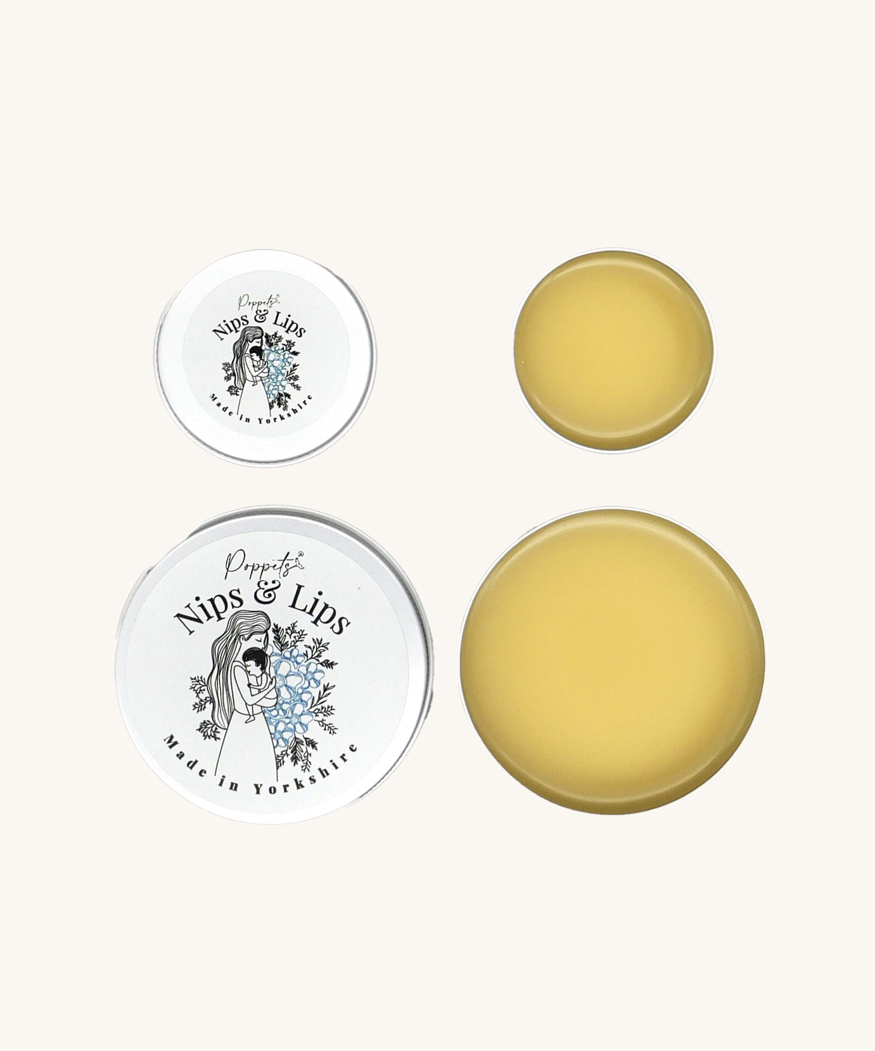 Poppets Nips & Lips Nipple Balm - 10ml and 40ml, open aluminium tins with balm, size comparison. 