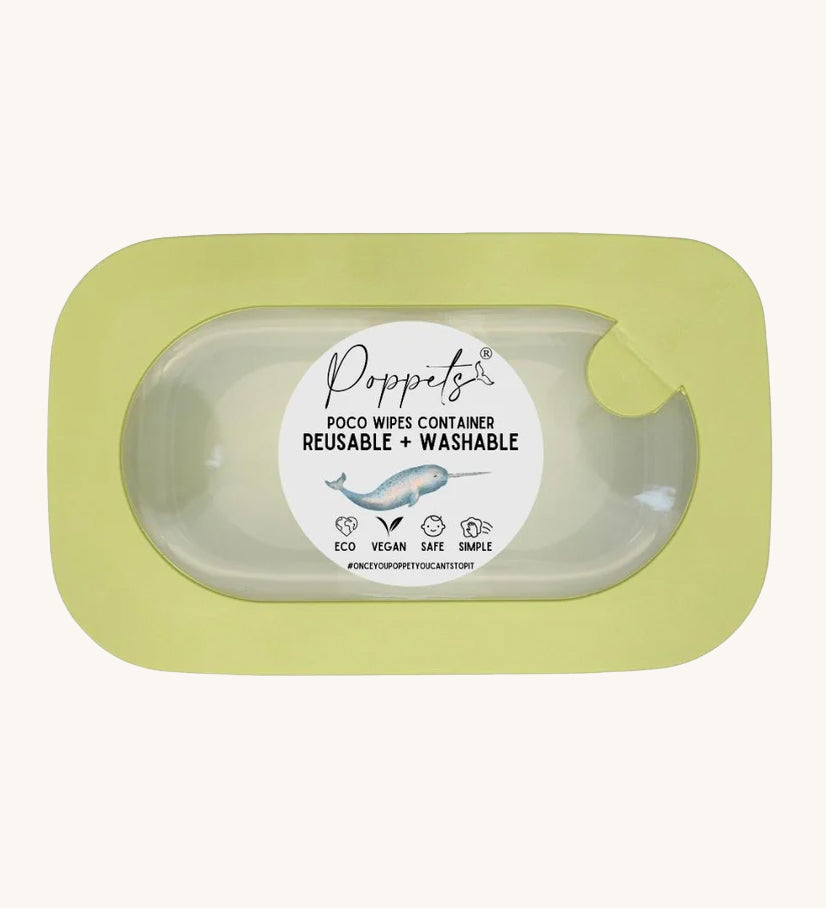 Poppets Poco Reusable Baby Wipes Container in Pea Green. The container is  in a rectangle shape on a cream background