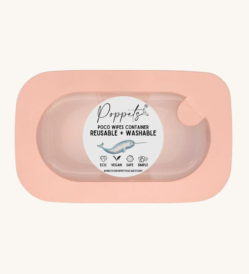 Poppets Poco Reusable Baby Wipes Container in Peach. The container is  in a rectangle shape on a cream background