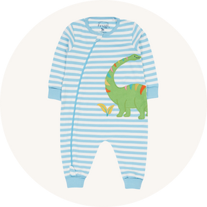 Frugi romper on cream background to represent baby pyjamas and sleepsuit at Babipur.