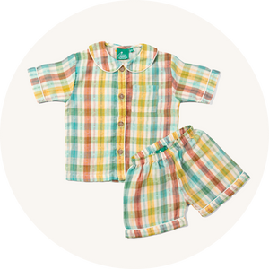 Little Green Radicals Short Sleeve Cotton Button Up Pyjamas in Rainbow Check to represent children's pyjamas at Babipur.