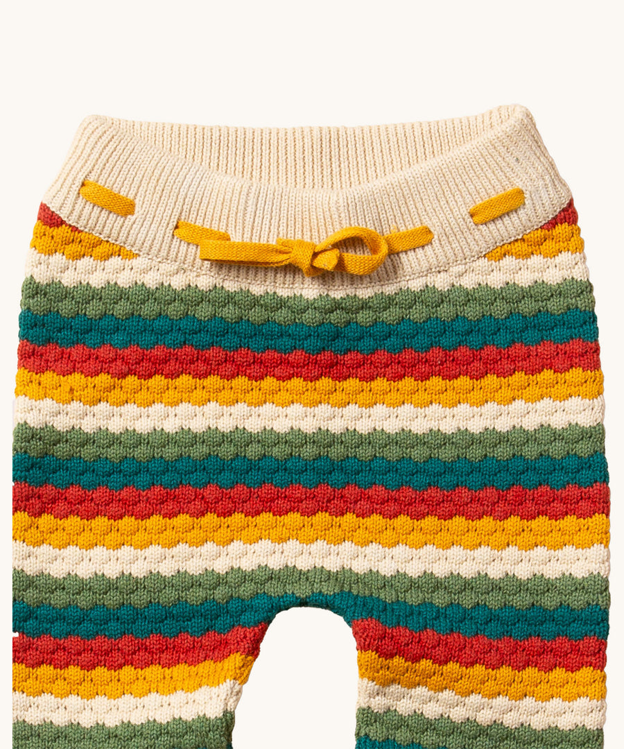 A closer look at the pattern on the LGR Honeycomb Rainbow Striped Knitted Joggers