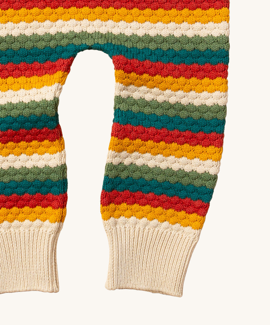 A closer look at the legs on the LGR Honeycomb Rainbow Striped Knitted Joggers