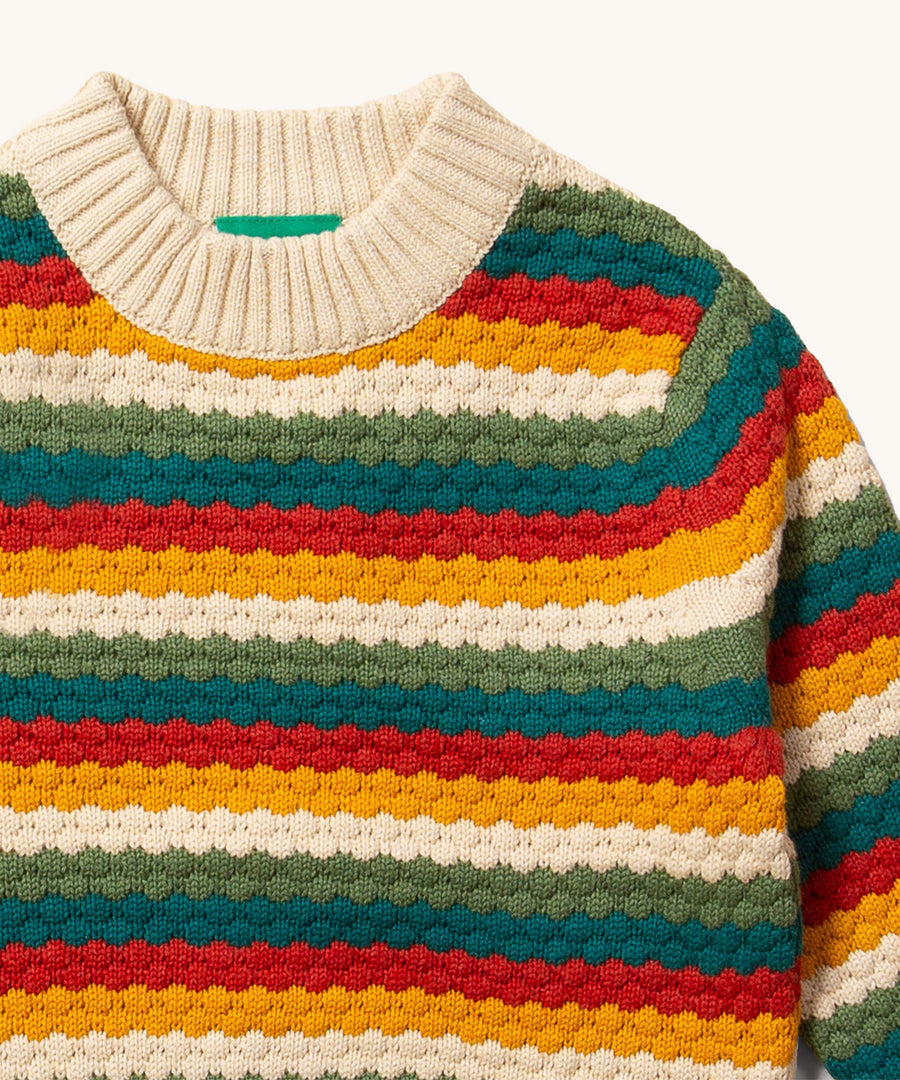 A closer look at the desing on the LGR From One To Another Honeycomb Rainbow Striped Knitted Jumper