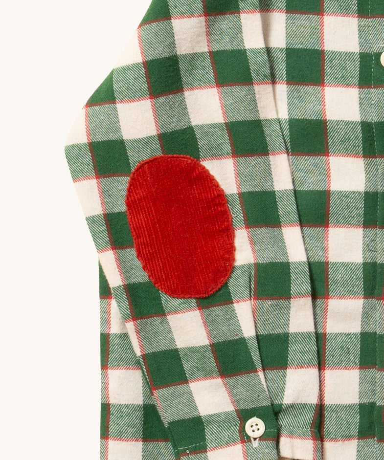 A closer look at the red corduroy patch ont he elbow of the Little Green Radicals Check Long Sleeve Shirt - Fern Green