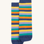 The colourful stripe design of the Frugi Rock My Socks 3 Pack - Alpine Adventures, in navy blue, yellow, lilac, green and orange