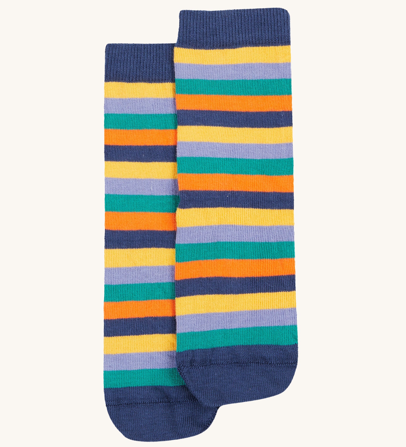 The colourful stripe design of the Frugi Rock My Socks 3 Pack - Alpine Adventures, in navy blue, yellow, lilac, green and orange