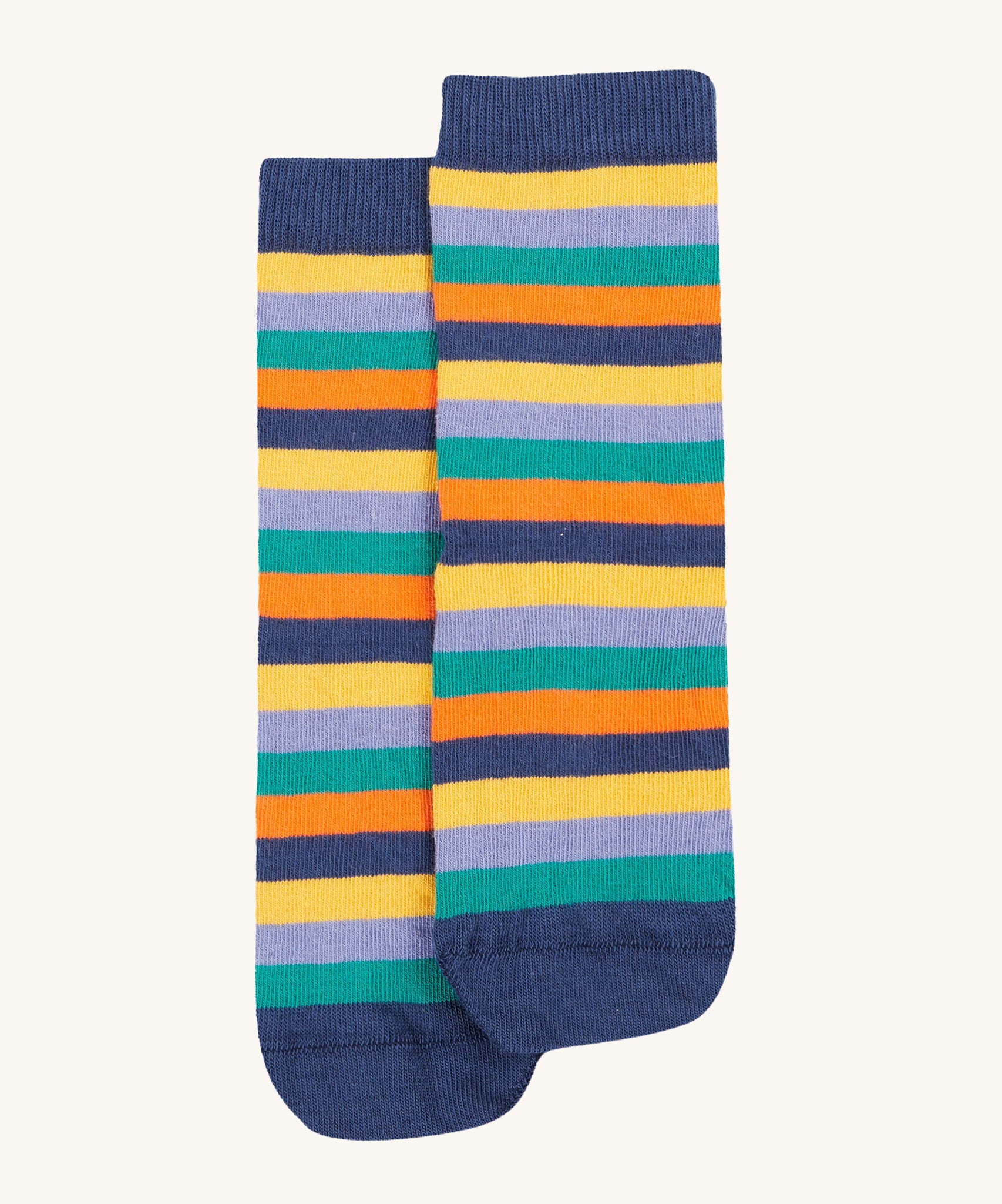 The colourful stripe design of the Frugi Rock My Socks 3 Pack - Alpine Adventures, in navy blue, yellow, lilac, green and orange