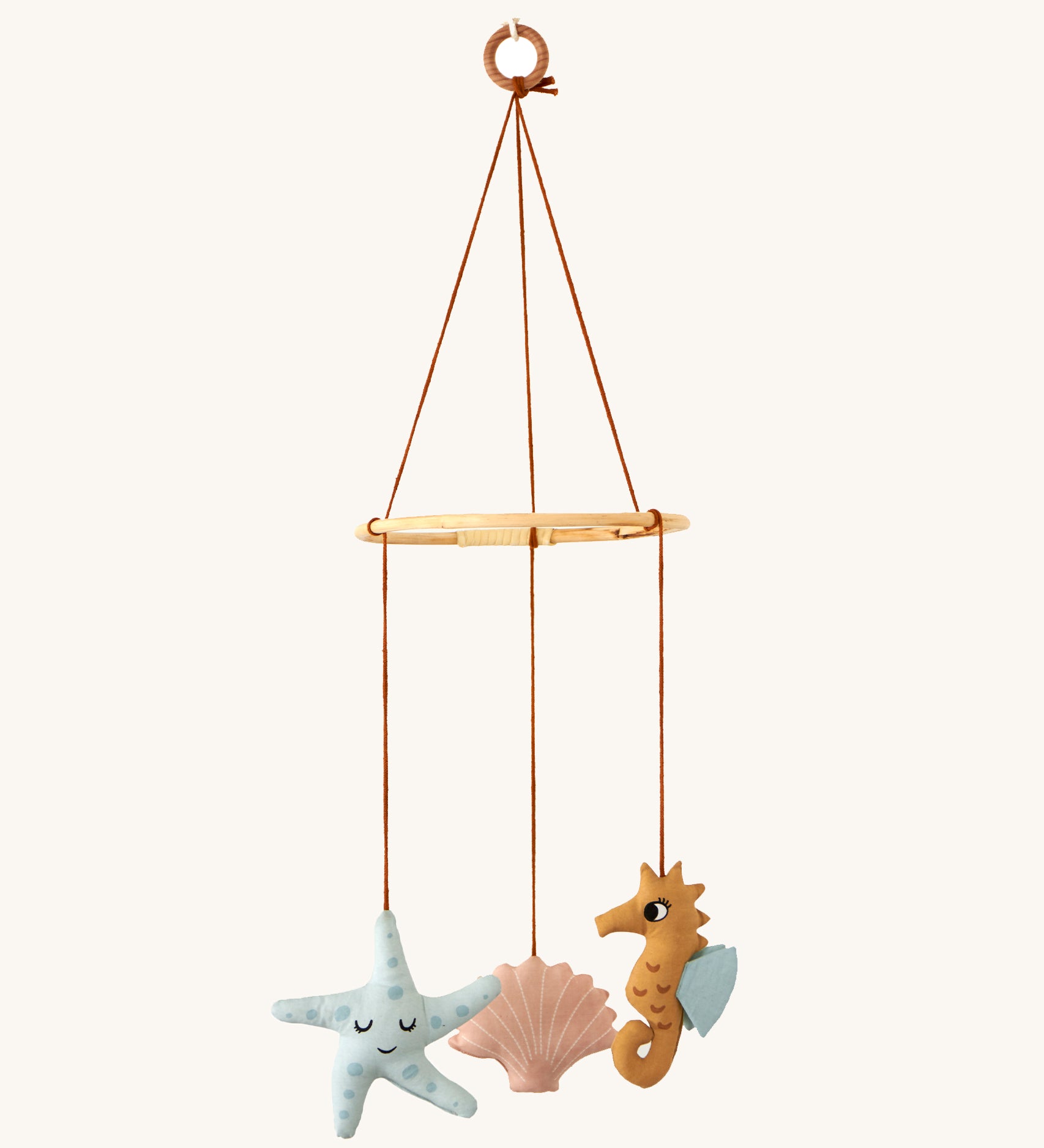 Roommate Sealife Hanging Mobile. A lovely nautical themed hanging mobile with a sleepy blue starfish, pink shell, and mustard yellow seahorse