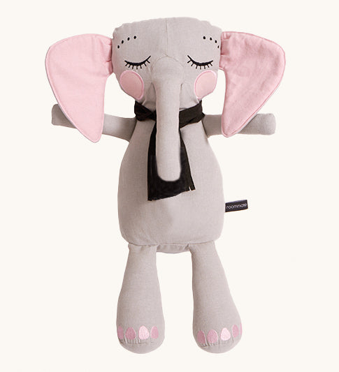 Roommate Little Grey Stuffed Elephant Toy, light grey, sleepy expression with pink ears, toes and cheeks, dark grey scarf and a white background